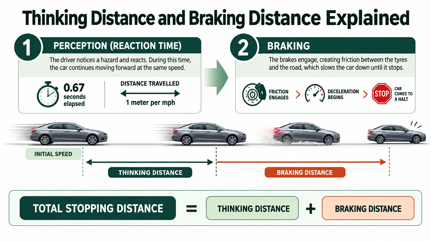 An infographic explaining the components of total stopping distance, including reaction time and braking distance for cars.