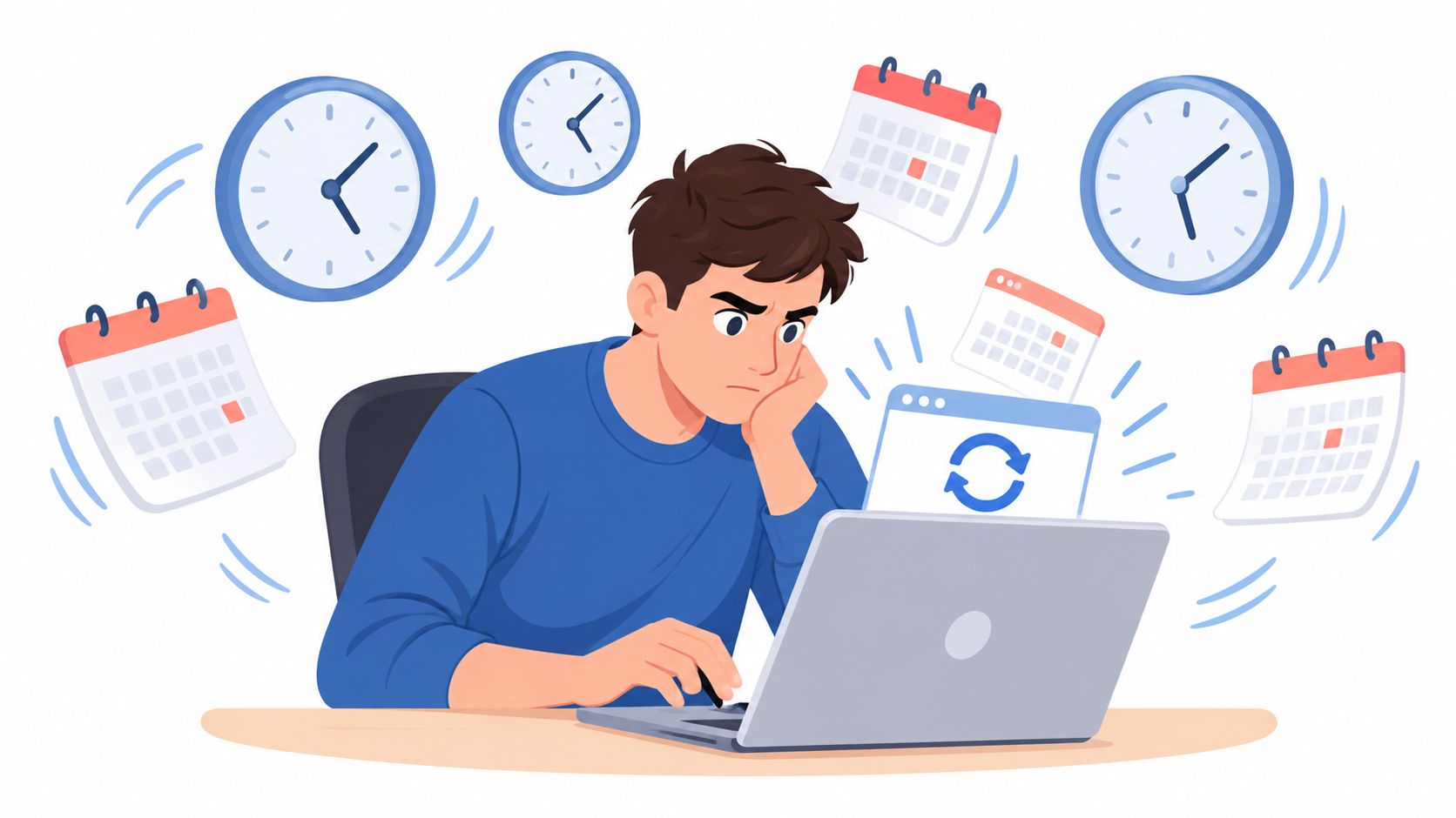 A frustrated man sits at a desk working on a laptop surrounded by floating clocks and calendars.