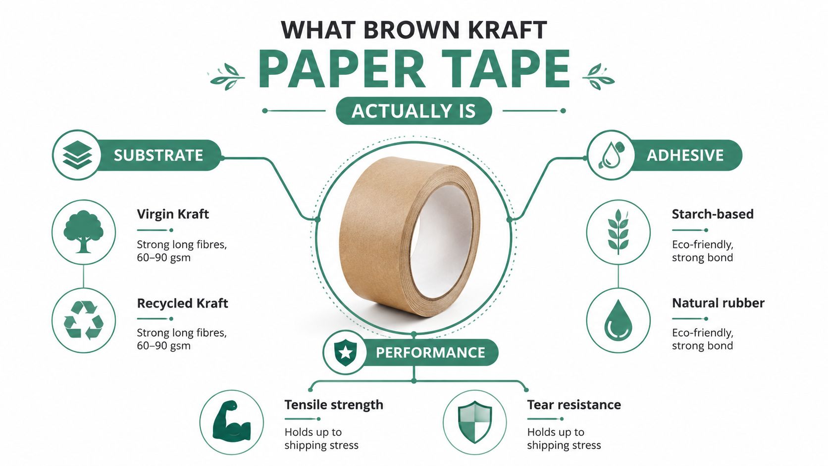 An infographic showing the composition and performance benefits of eco-friendly brown kraft paper shipping tape.