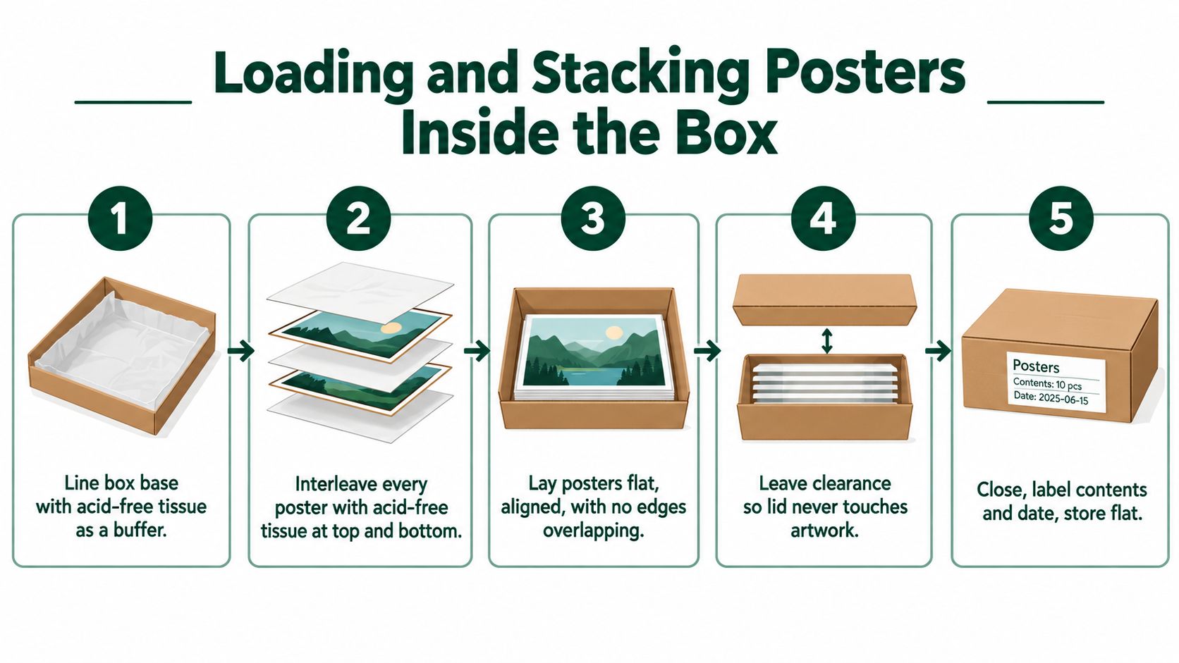 An instructional graphic showing five steps for properly packing and stacking posters inside an archival storage box.