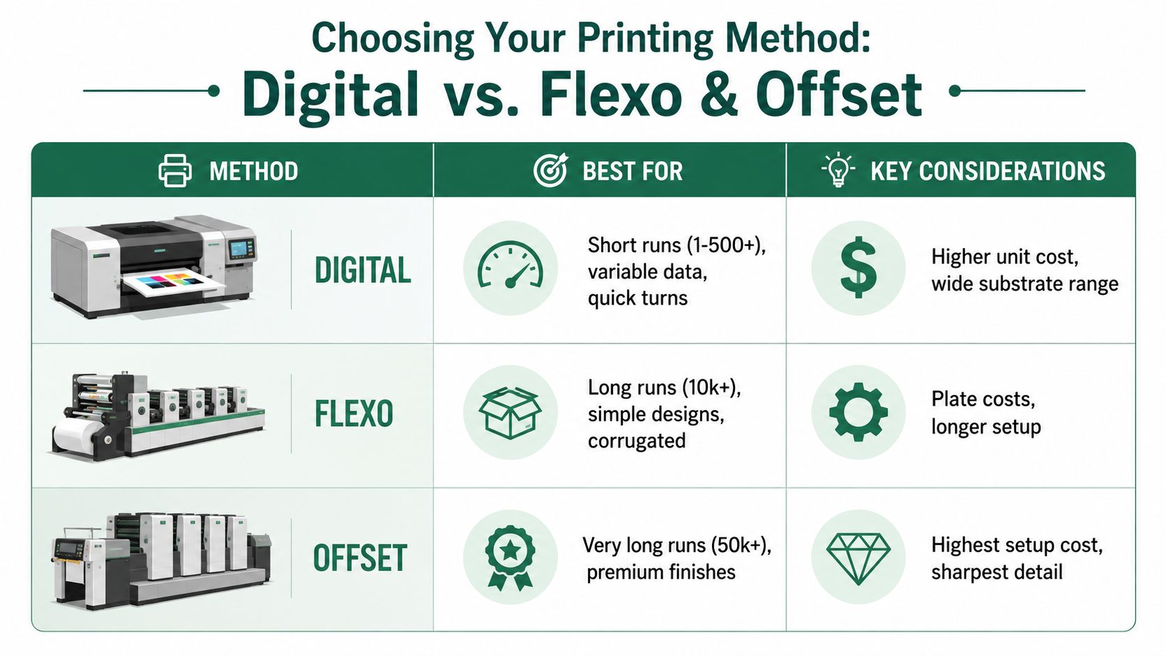 A comparison chart outlining the differences between digital, flexo, and offset printing methods for packaging applications.