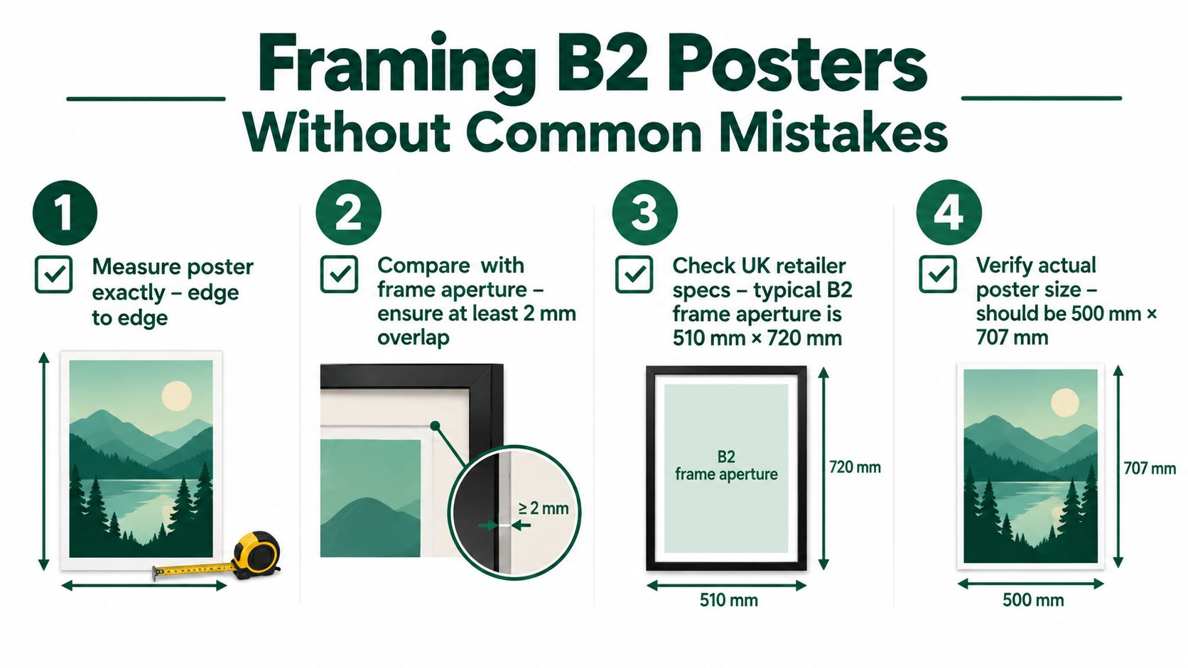 A four-step infographic guide explaining how to correctly frame B2 posters, including measurements and overlap tips.