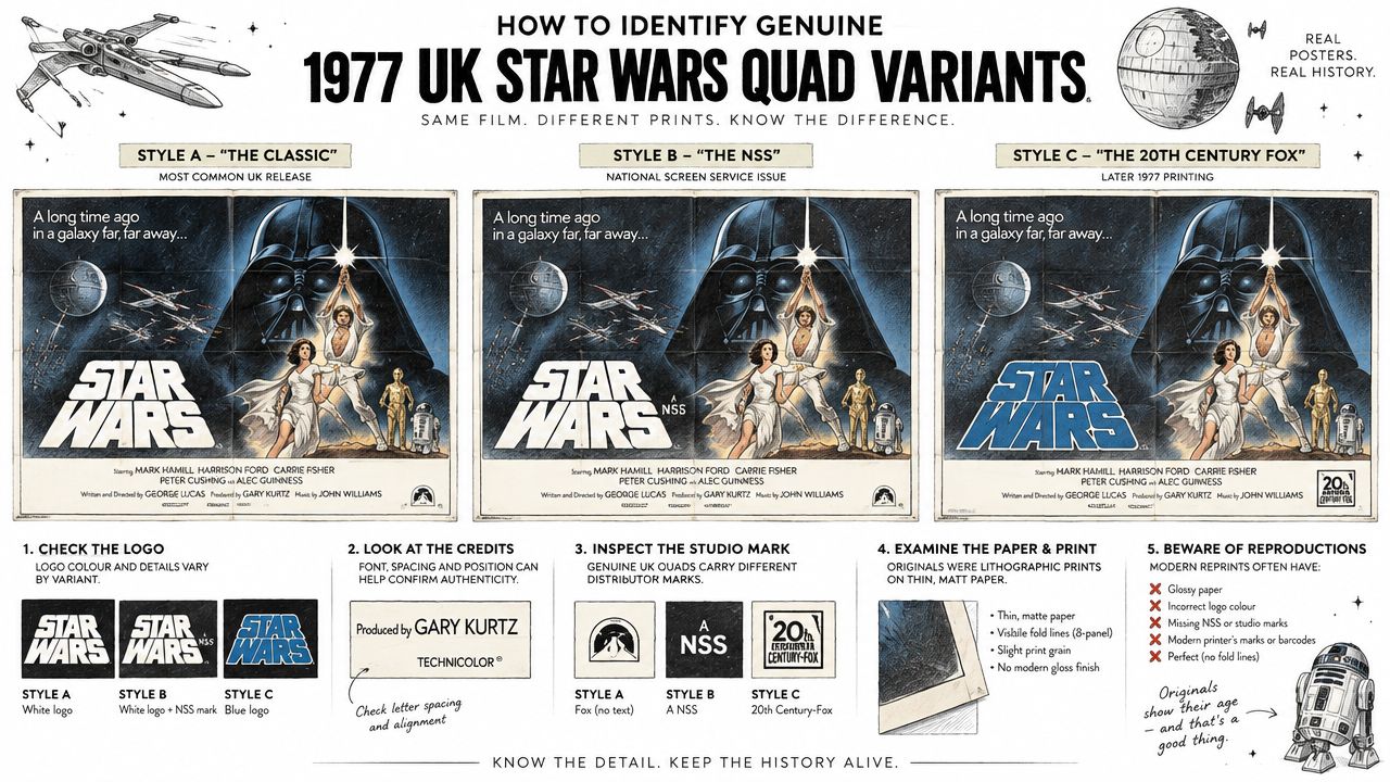 A detailed infographic explaining how to identify genuine 1977 UK Star Wars quad movie poster variants.
