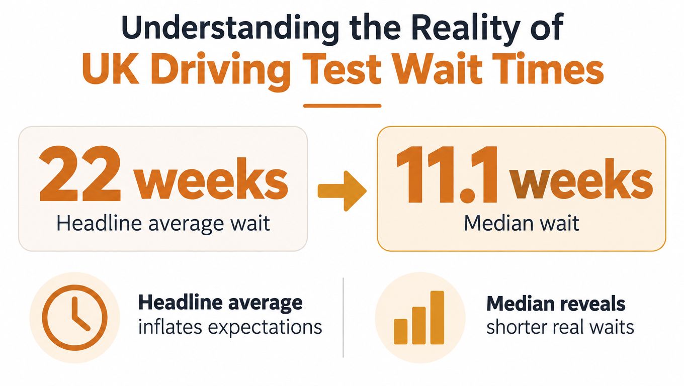 A graphic comparing the 22 week headline average driving test wait time to the 11.1 week median.