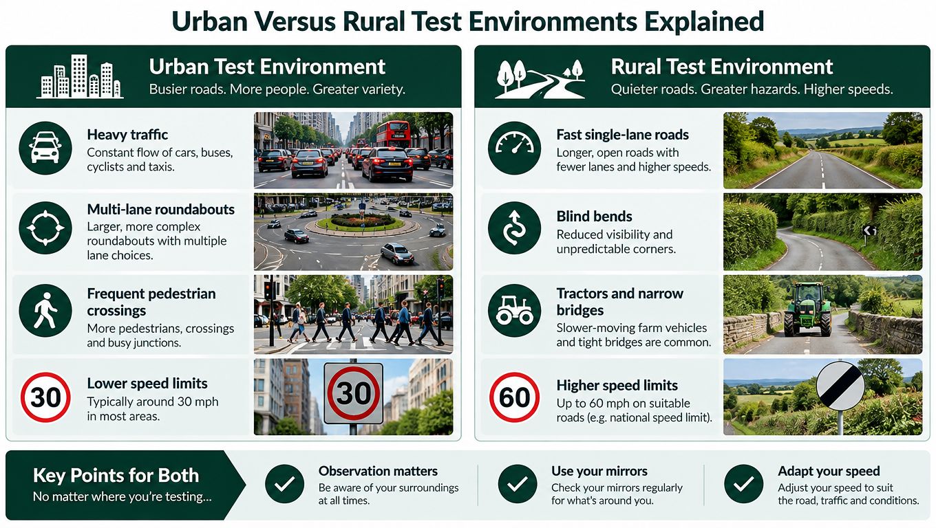 A comparison infographic showing key differences between urban and rural driving test environments with safety tips.