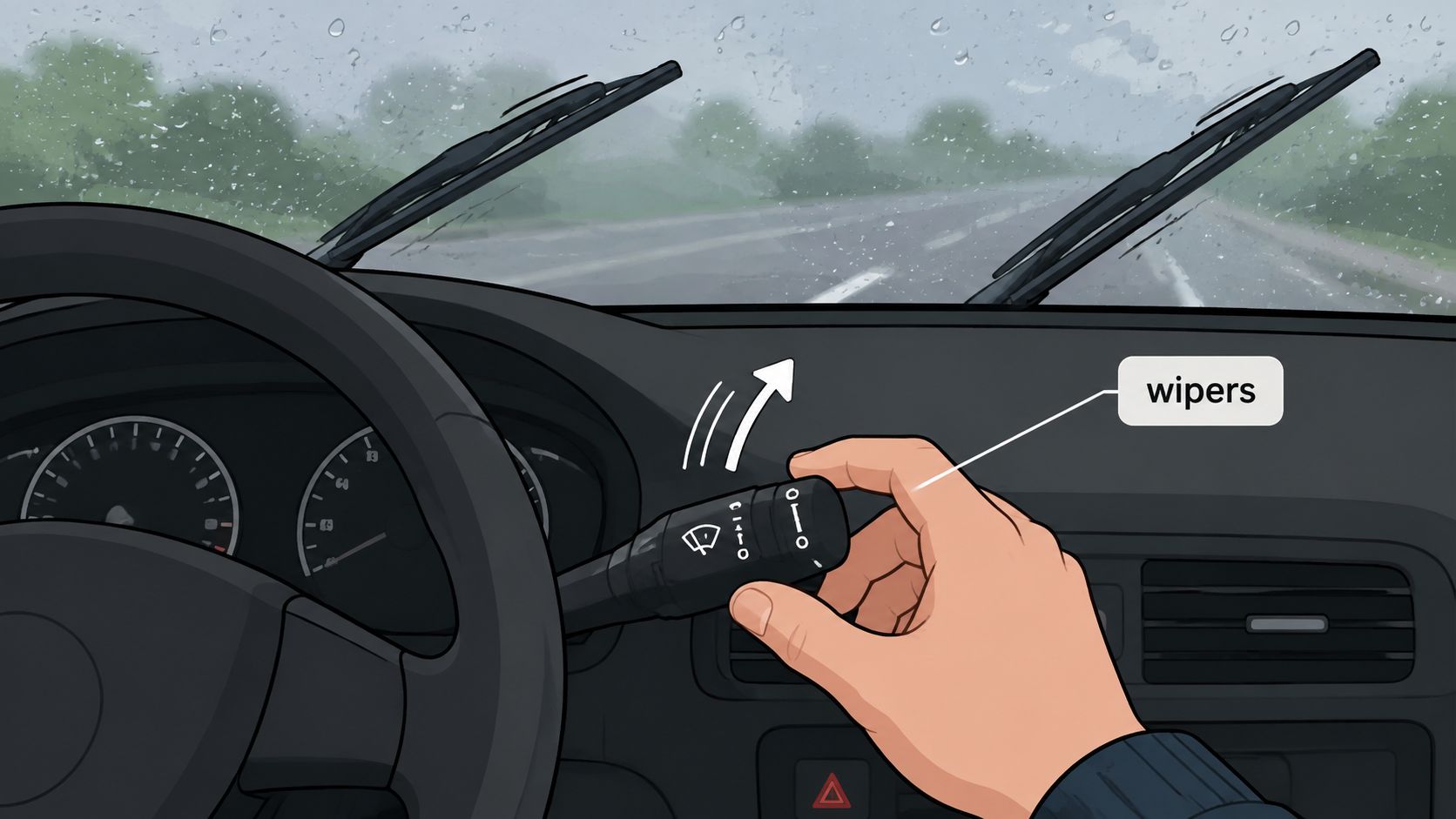 A close up view of a driver hand operating the windshield wiper lever in a car during rain.