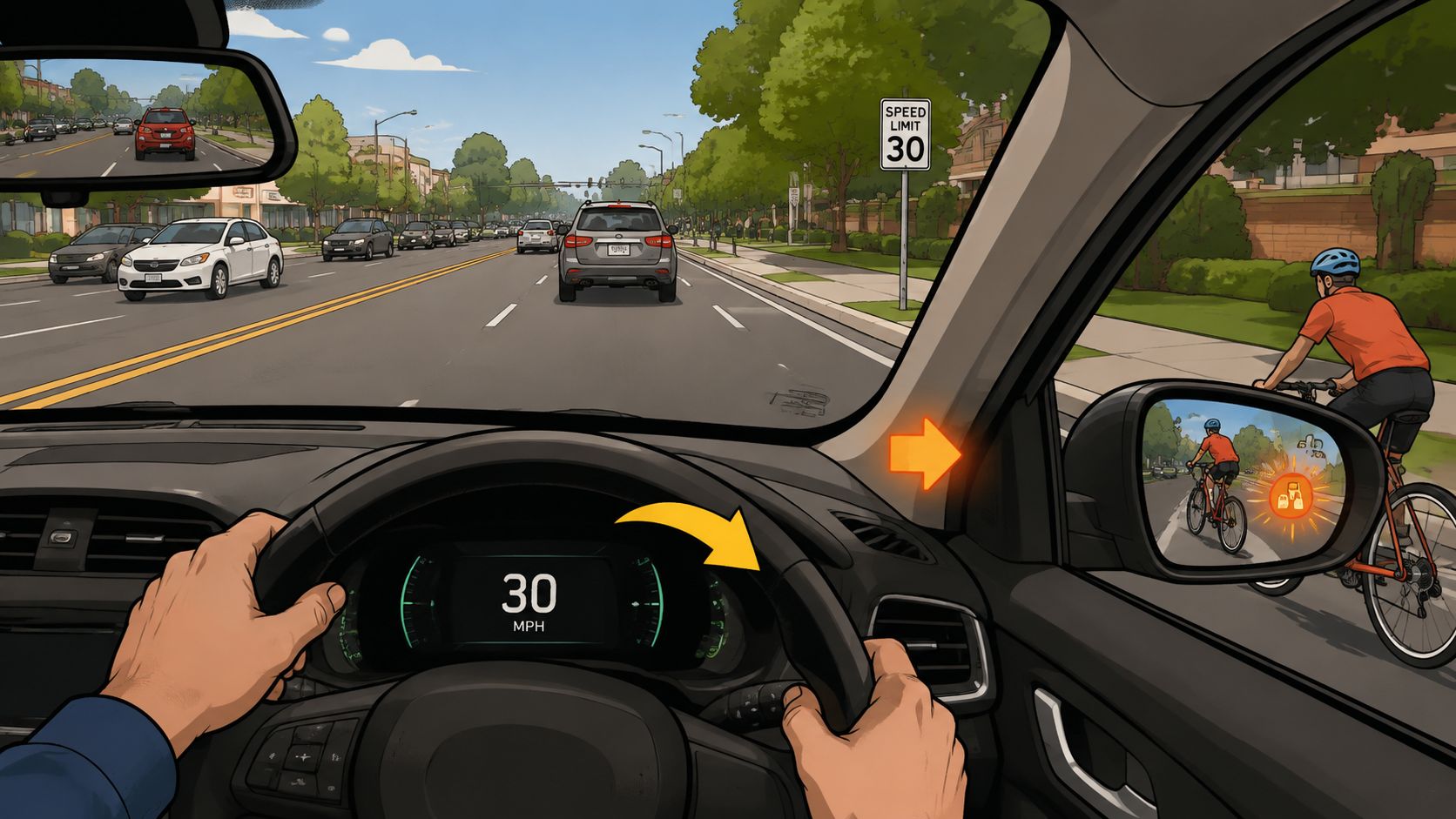 A first-person view from inside a car displaying blind spot monitoring systems while driving near a cyclist.