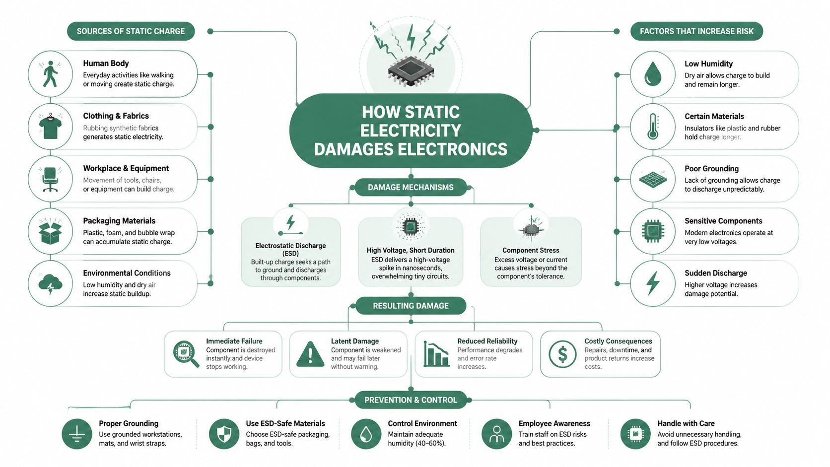 A detailed infographic explaining how static electricity damages electronic components, its causes, consequences, and prevention methods.