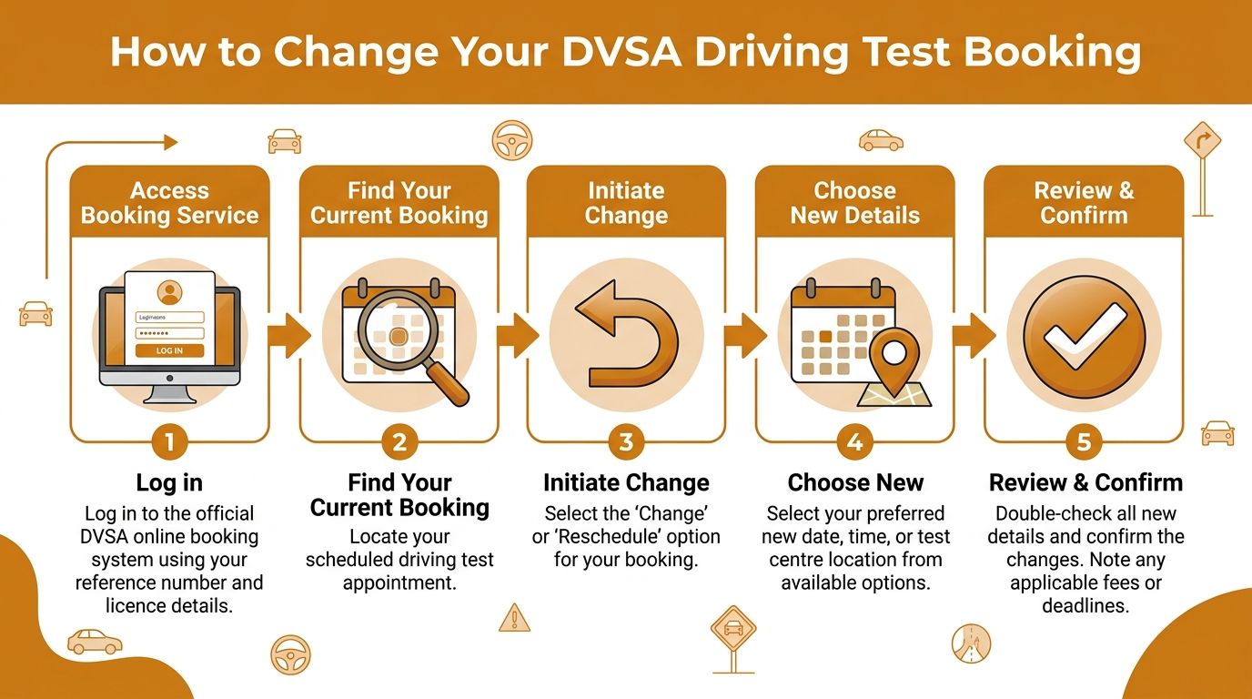 A step-by-step infographic illustrating how to change your DVSA driving test booking online.