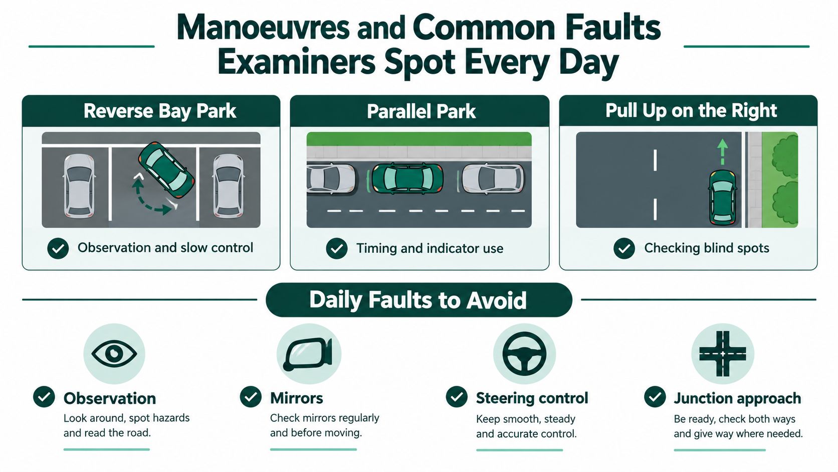 A driving test infographic showing common manoeuvres and daily faults to avoid for learner drivers.