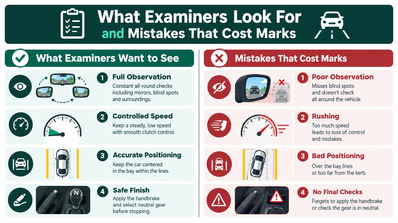An infographic showing driving test tips with four positive habits and four common mistakes for parking.