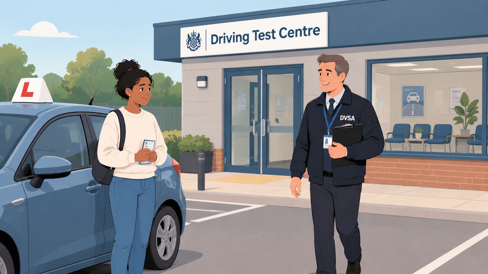 A driving test candidate greeting a DVSA examiner outside a UK driving test centre facility.