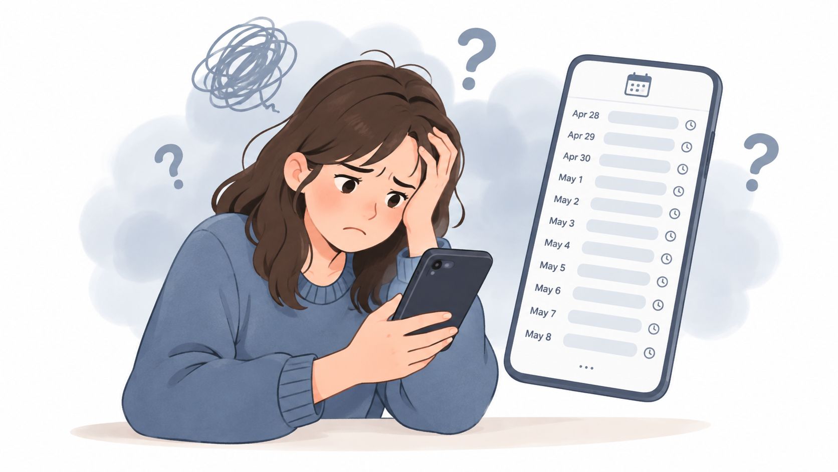 An illustration of a stressed woman looking at a smartphone screen showing a long list of dates.