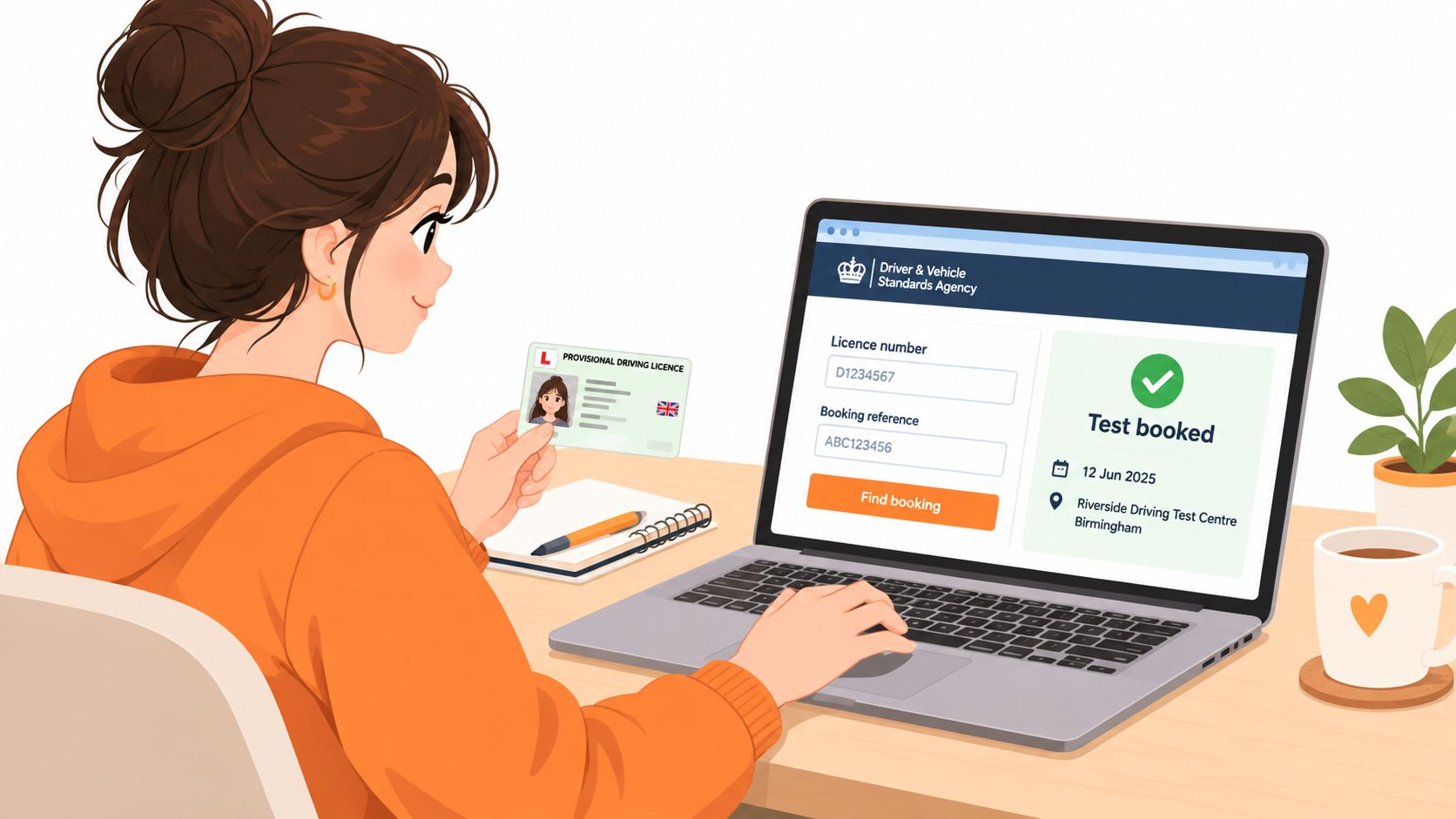 A young woman sitting at a desk checking her driving test booking details on a laptop computer.