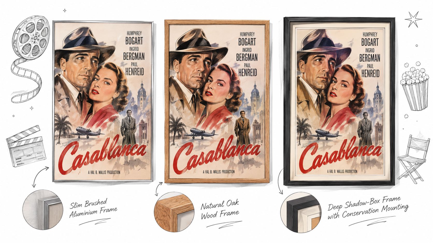 A display showing the Casablanca movie poster framed in three different styles: slim brushed aluminum, natural oak, and black.