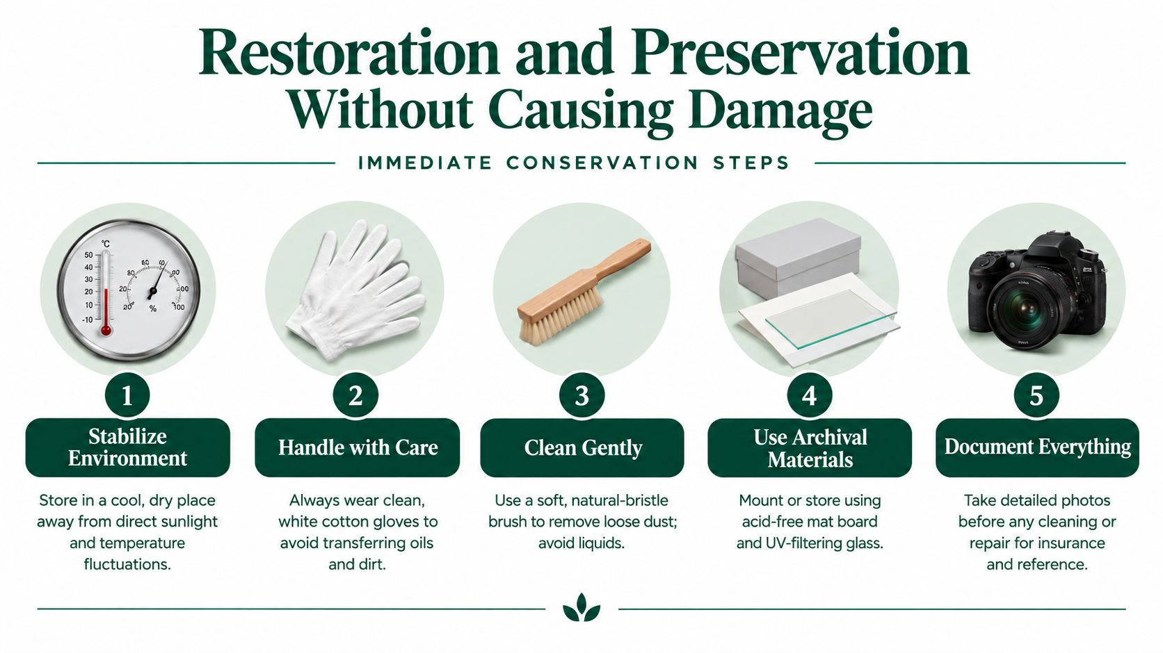 An infographic titled Restoration and Preservation Without Causing Damage detailing five essential steps for conserving historical artifacts safely.