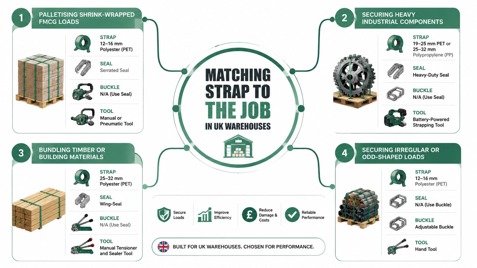 An infographic showing the best strapping materials, seals, buckles, and tools for four different warehouse load types.