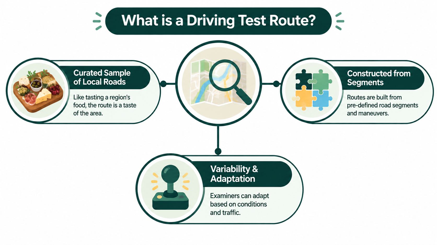 An infographic titled What is a Driving Test Route, explaining road segments, local curation, and examiner adaptation.