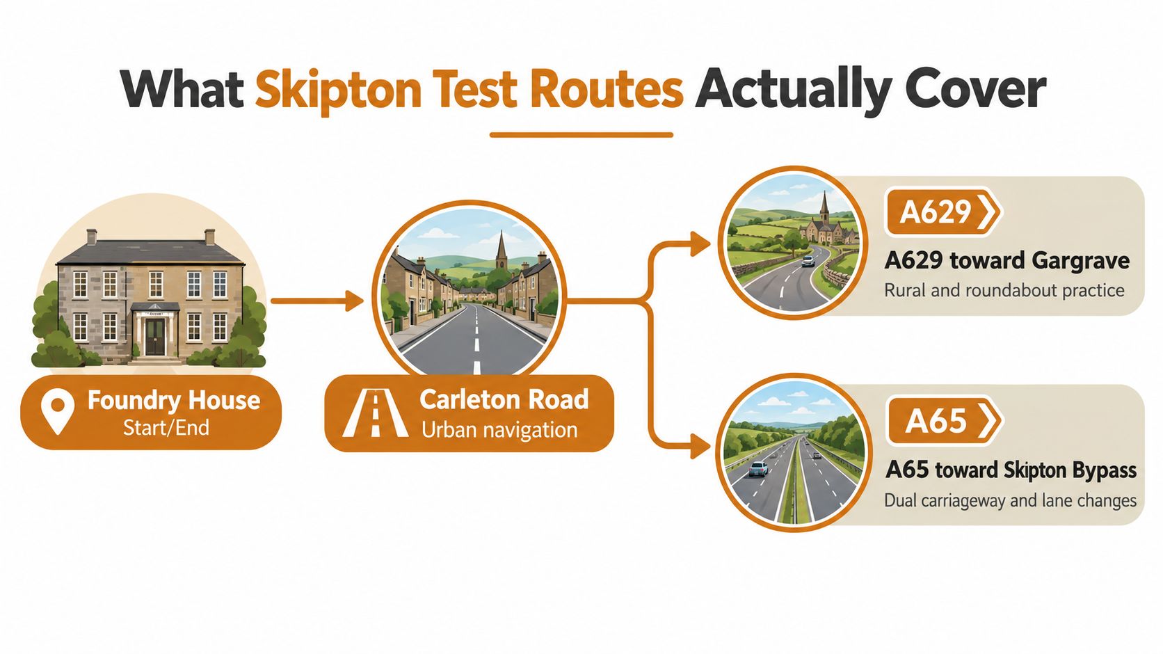 A diagram illustrating the driving test route starting from Foundry House in Skipton, featuring urban, rural, and highway paths.