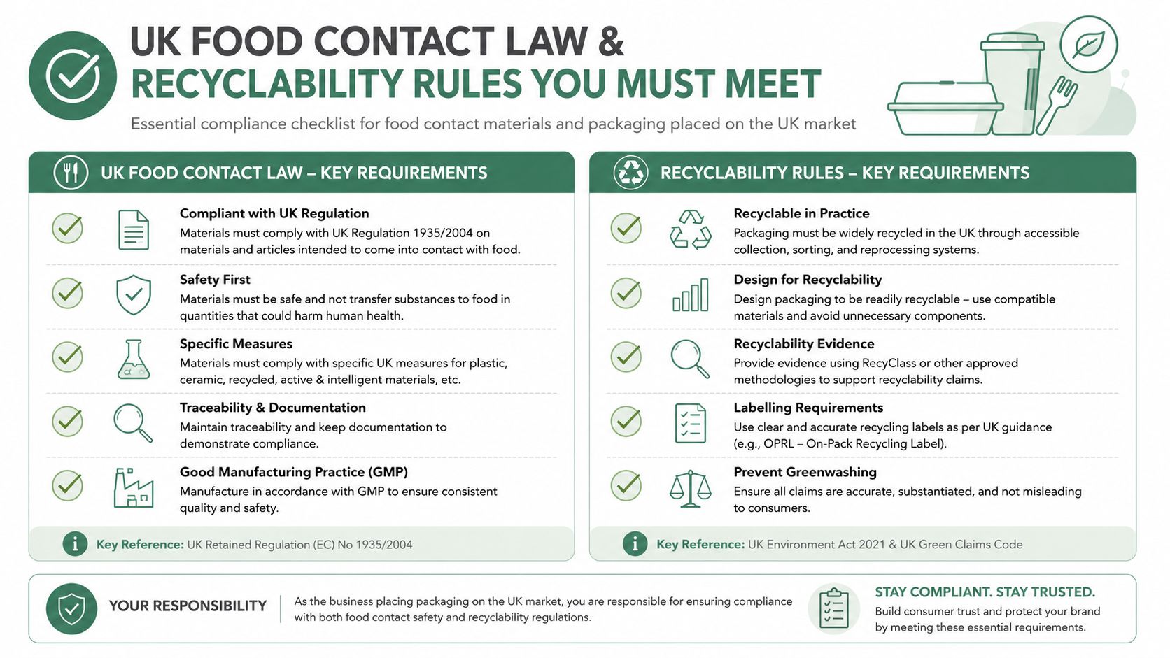 A checklist infographic outlining UK regulations for food contact materials and packaging recyclability requirements.
