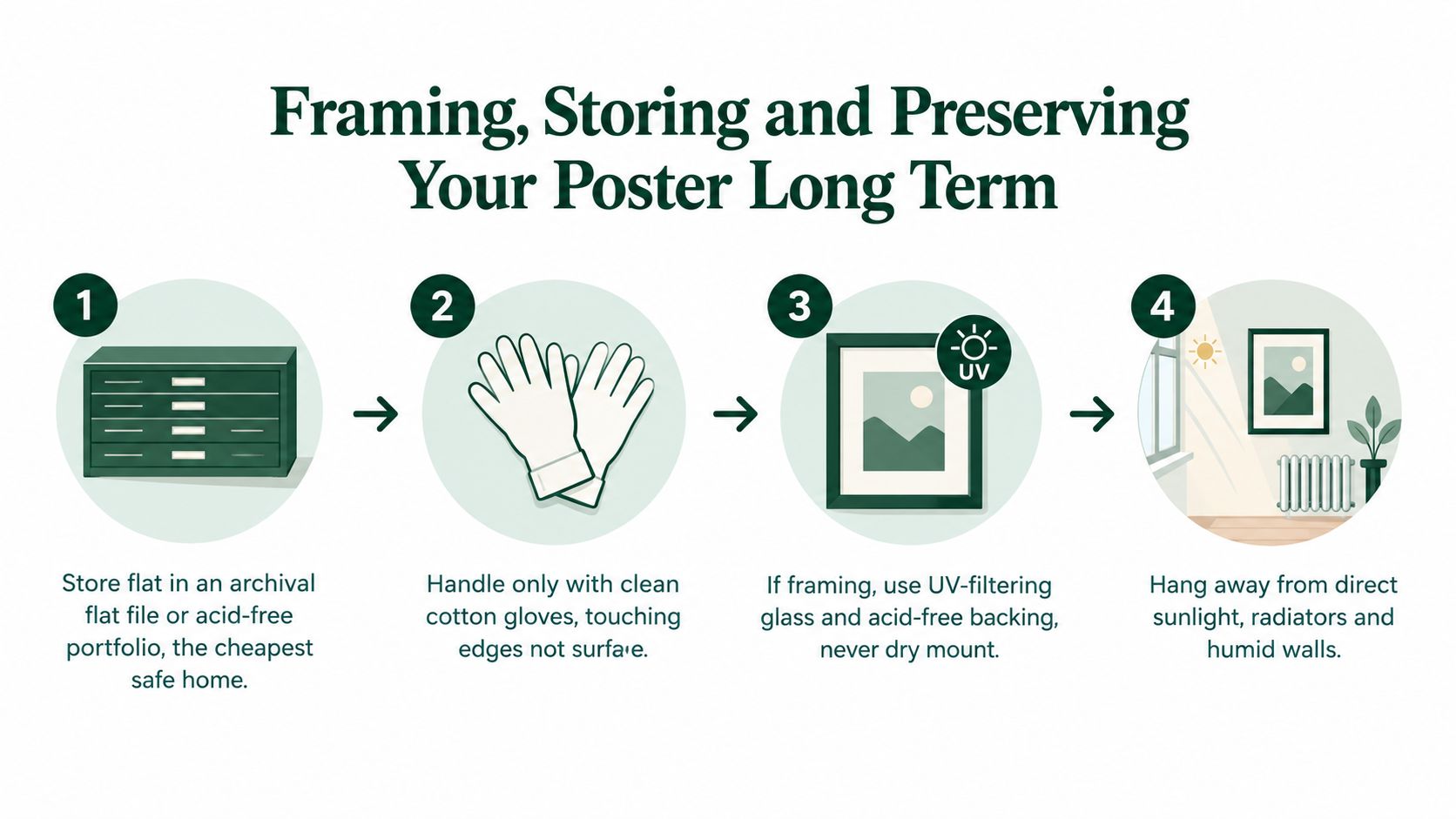 An infographic showing four steps for framing, storing, and preserving posters to ensure long-term care.
