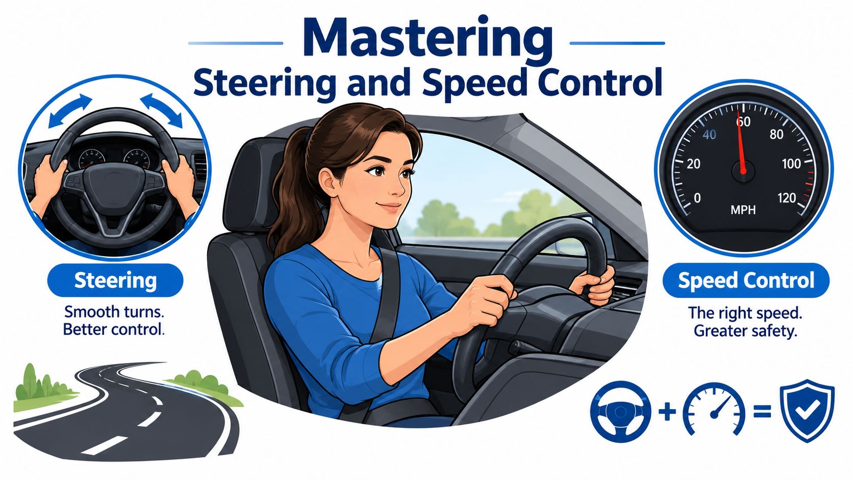 A cartoon illustration showing a woman driving, emphasising steering techniques and maintaining safe vehicle speed.