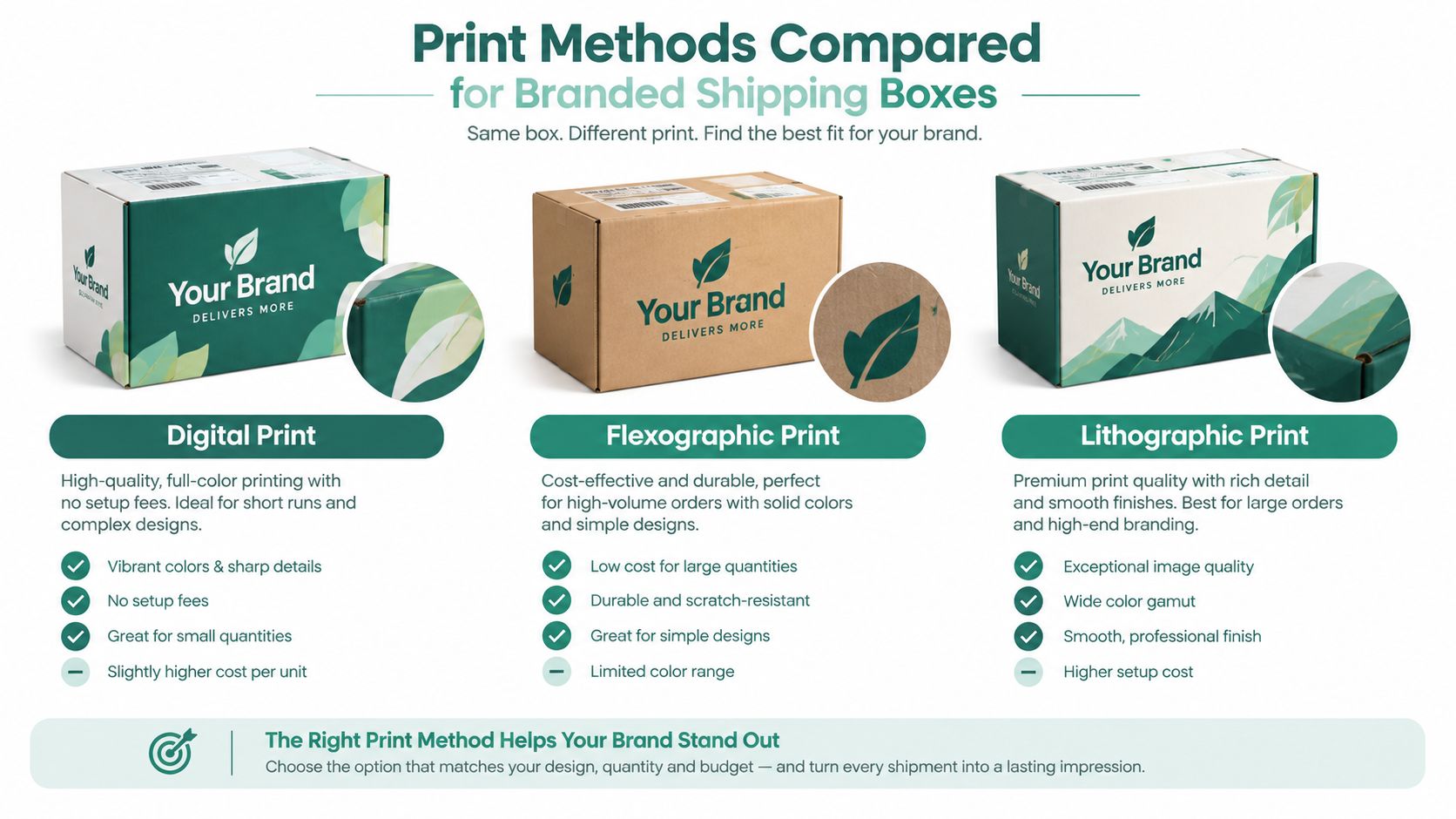 A comparison chart of three shipping box printing methods: Digital, Flexographic, and Lithographic for branded packaging.