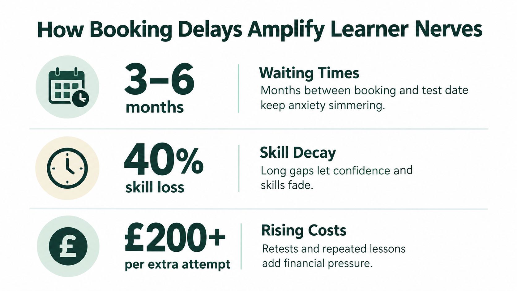 An infographic showing how long driving test booking delays increase learner anxiety, skill loss, and costs.