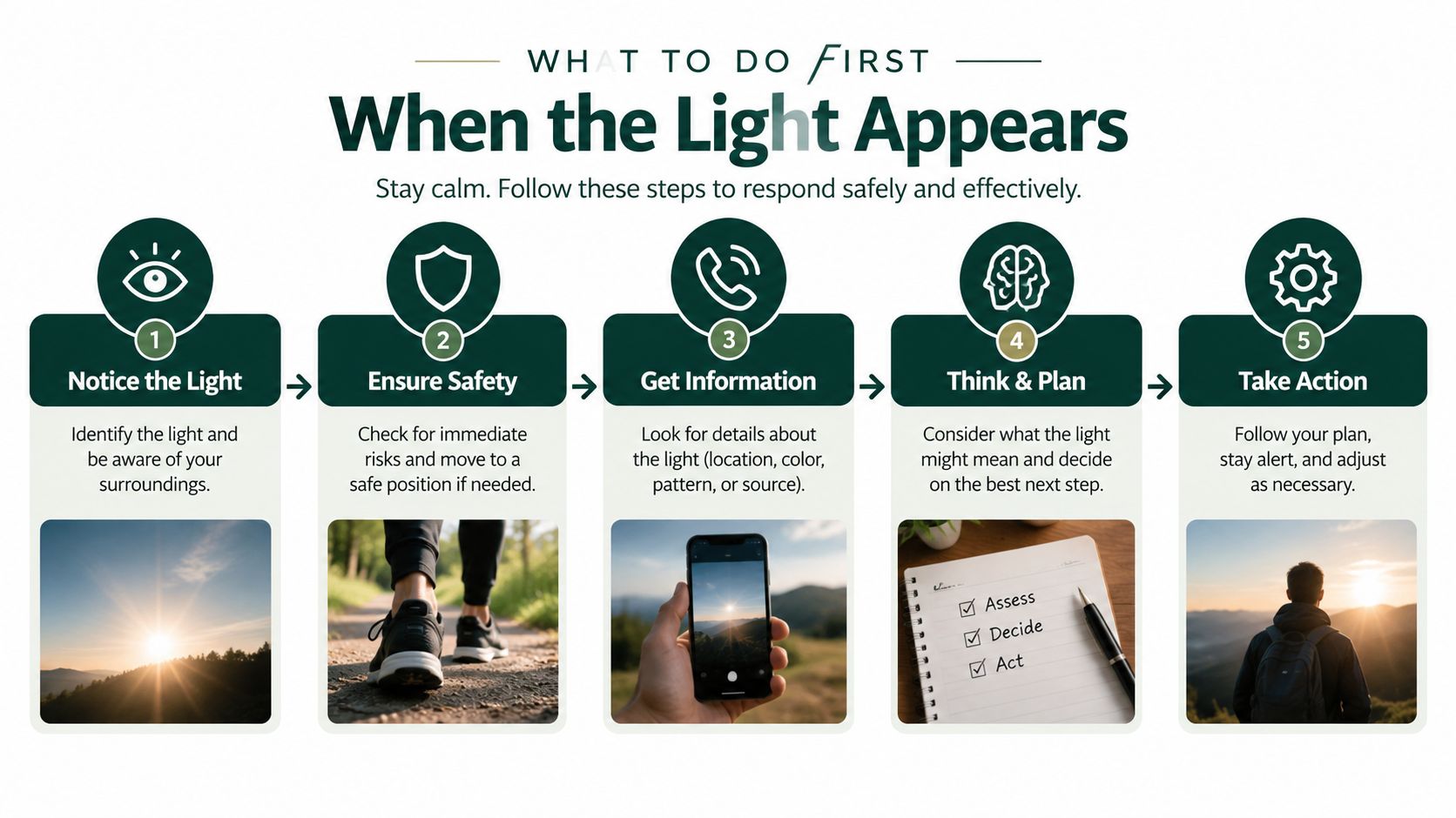 A five-step infographic showing how to safely respond when you notice a mysterious light.
