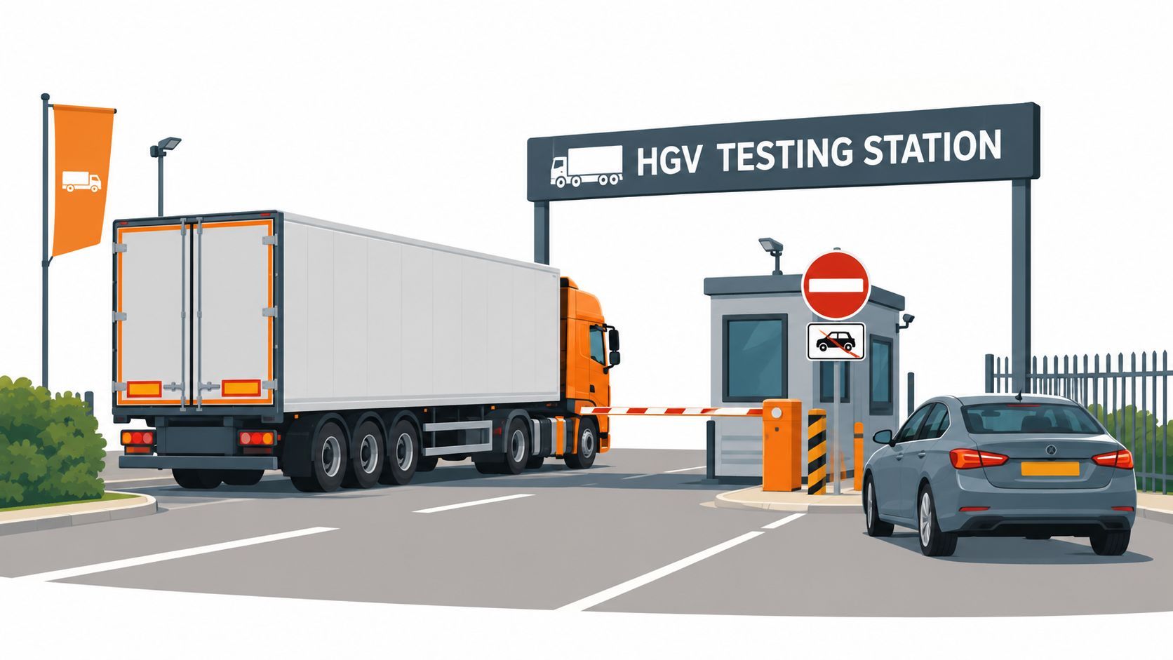 An orange truck approaching an HGV testing station entrance with a security booth and a grey car parked nearby.