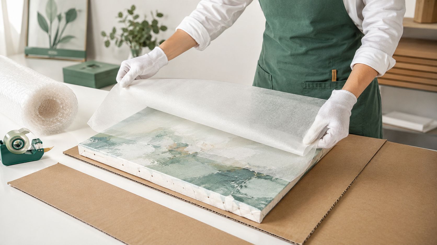 A person wearing white gloves carefully places protective paper over a painting before shipping it.