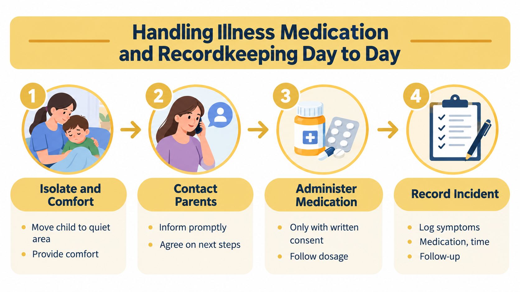 A four-step infographic illustrating the process for managing a sick child's medication and health recordkeeping in childcare.