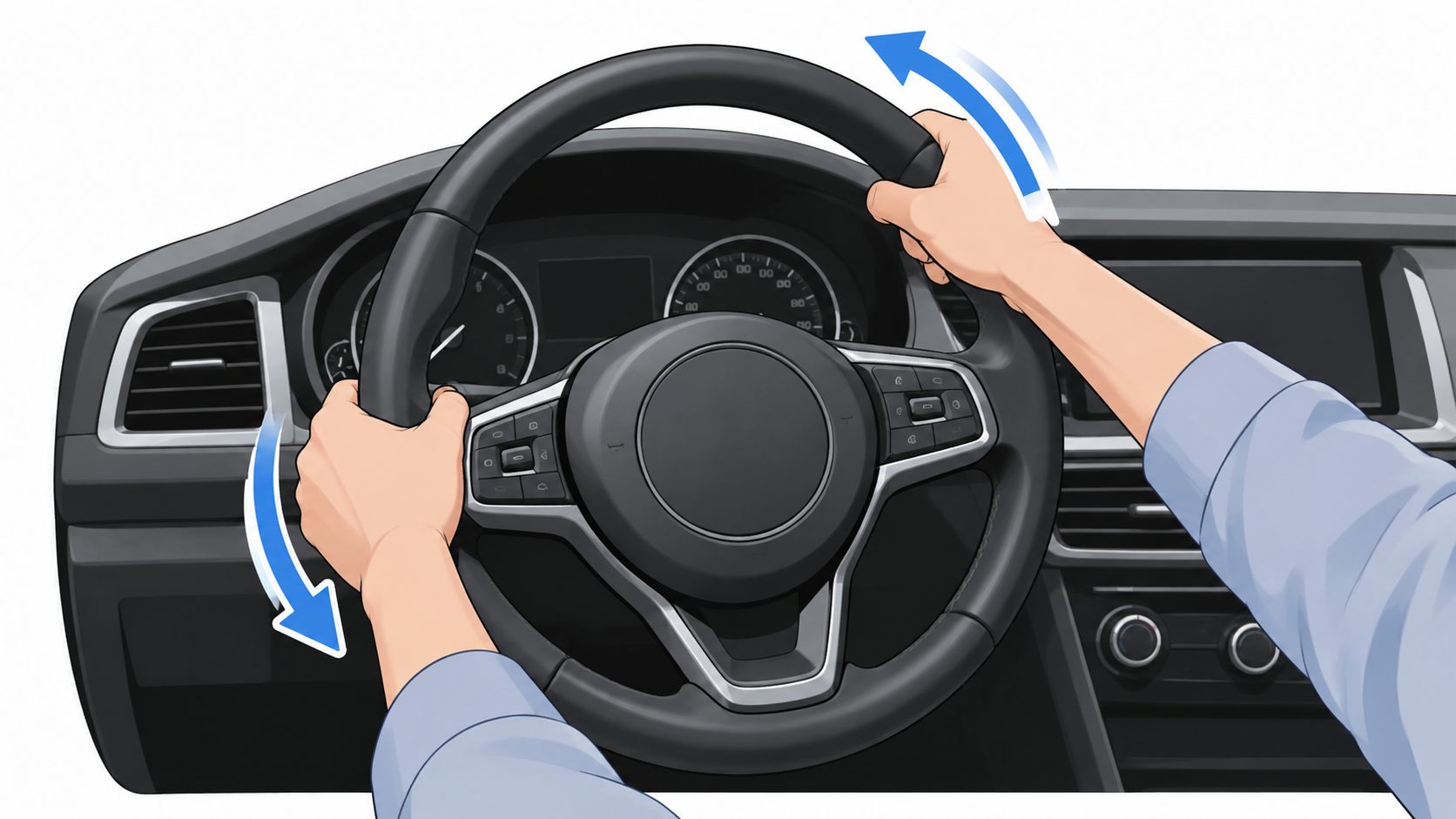 A close-up illustration of a person's hands holding and turning a car steering wheel while driving.