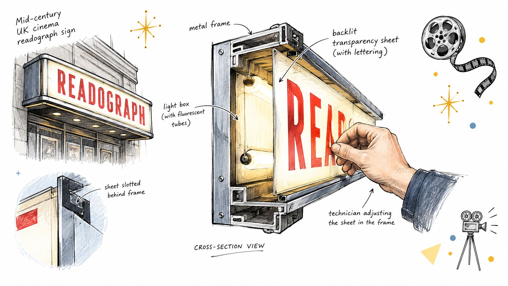 A detailed technical illustration showing the construction and components of a vintage cinema readograph sign.