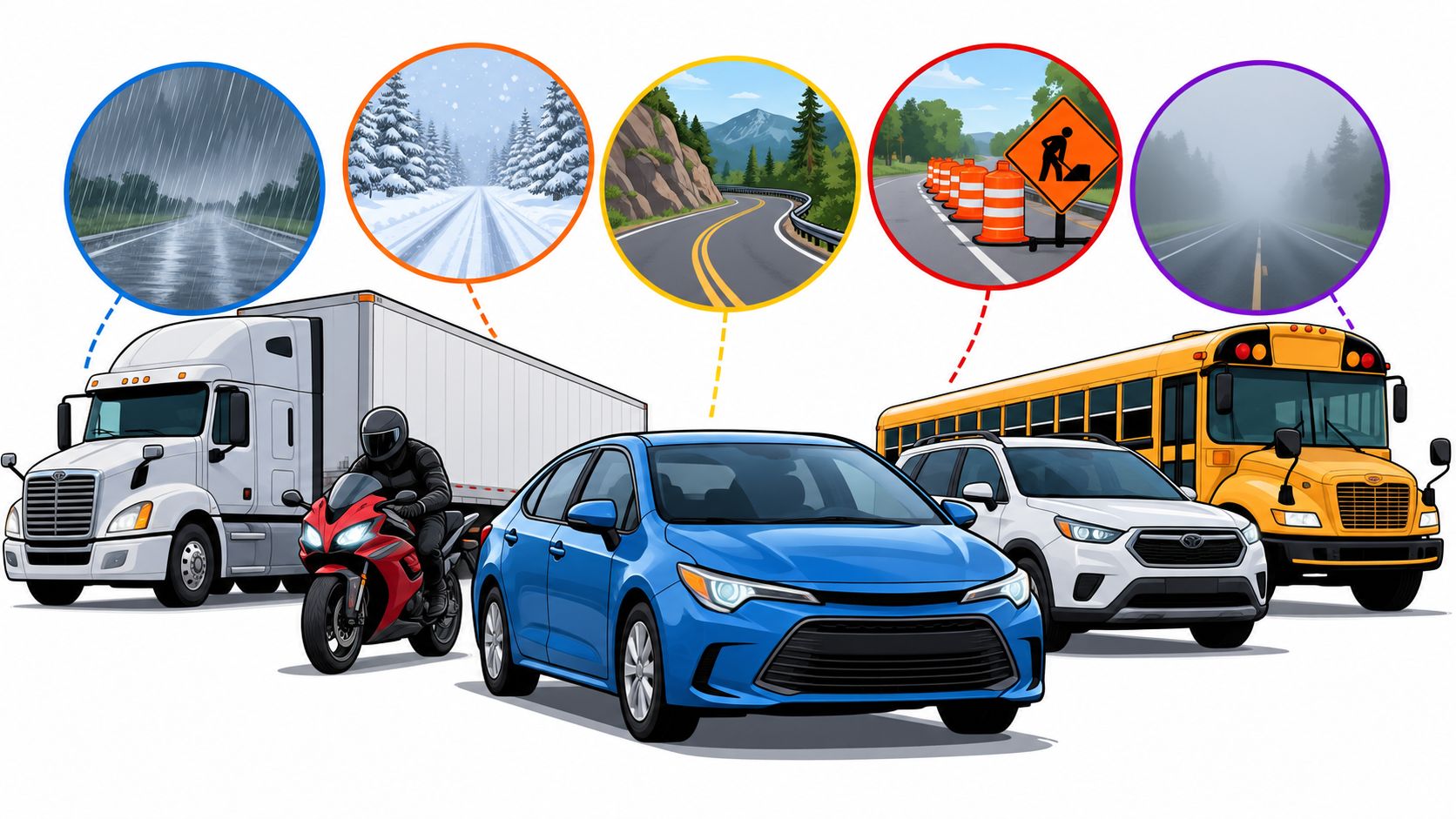 A group of different vehicles including a truck, motorcycle, car, SUV, and bus representing various driving conditions.