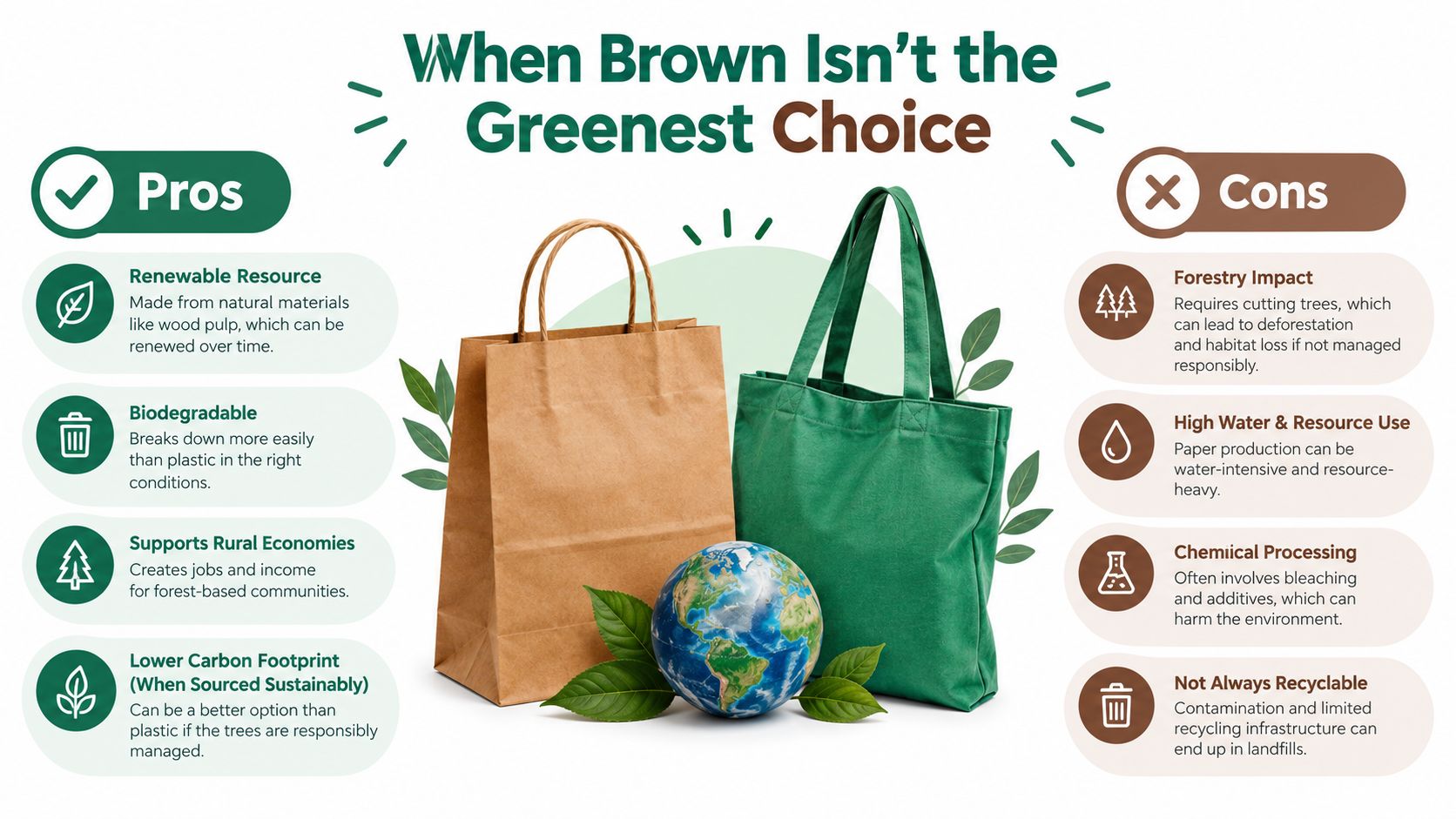 An infographic titled When Brown Isn't the Greenest Choice showing pros and cons of paper bags.