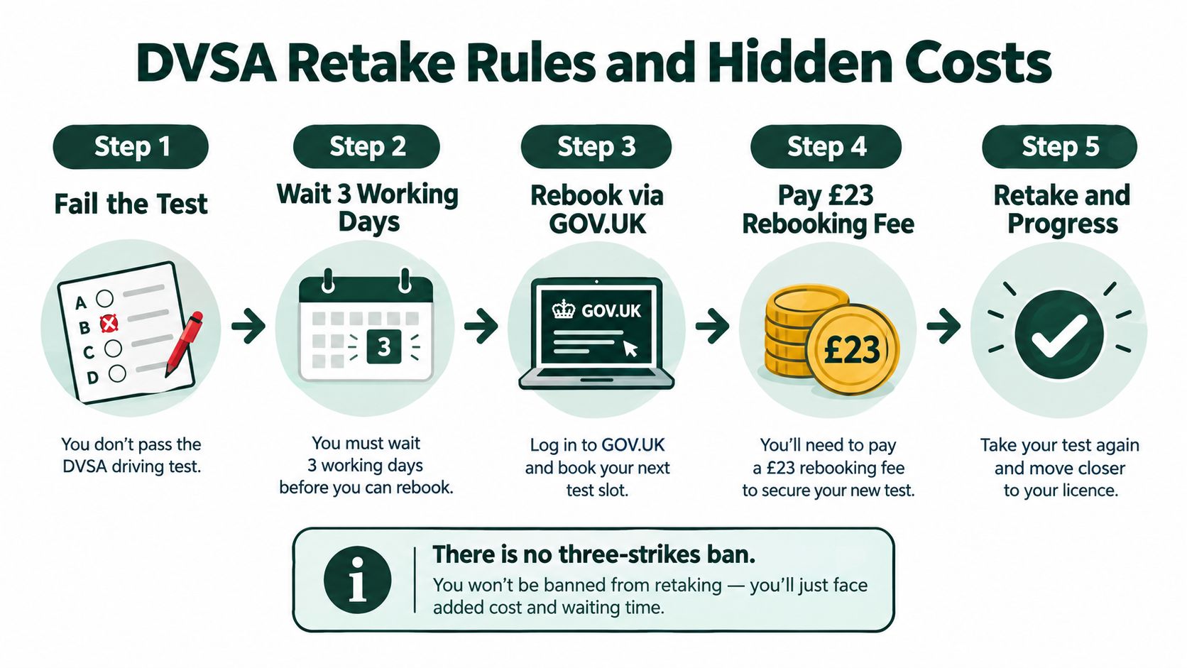 An infographic showing the five steps to retaking a failed DVSA driving theory test in the UK.