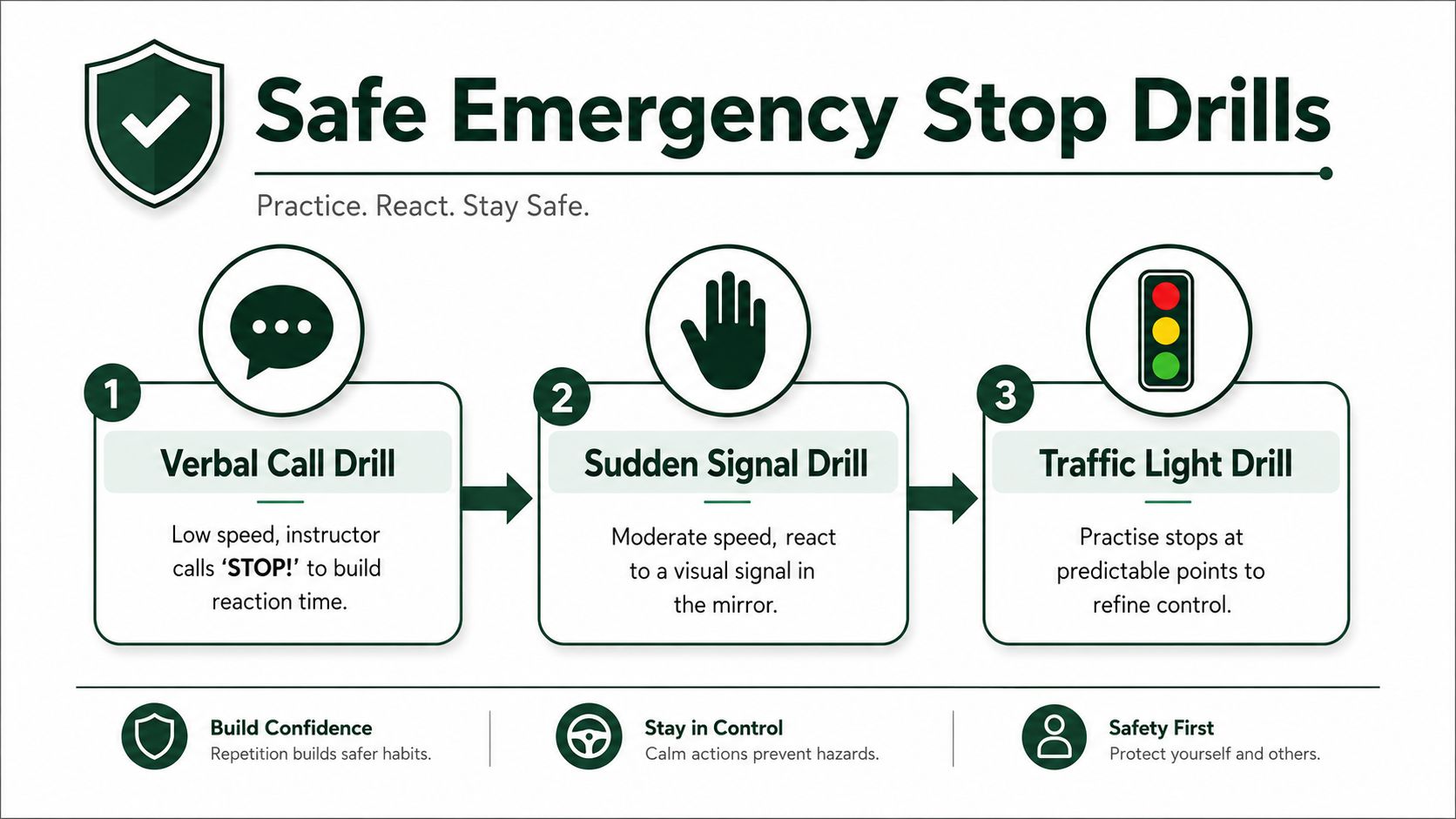 A graphic showing three safety drills for emergency driving: Verbal Call, Sudden Signal, and Traffic Light.