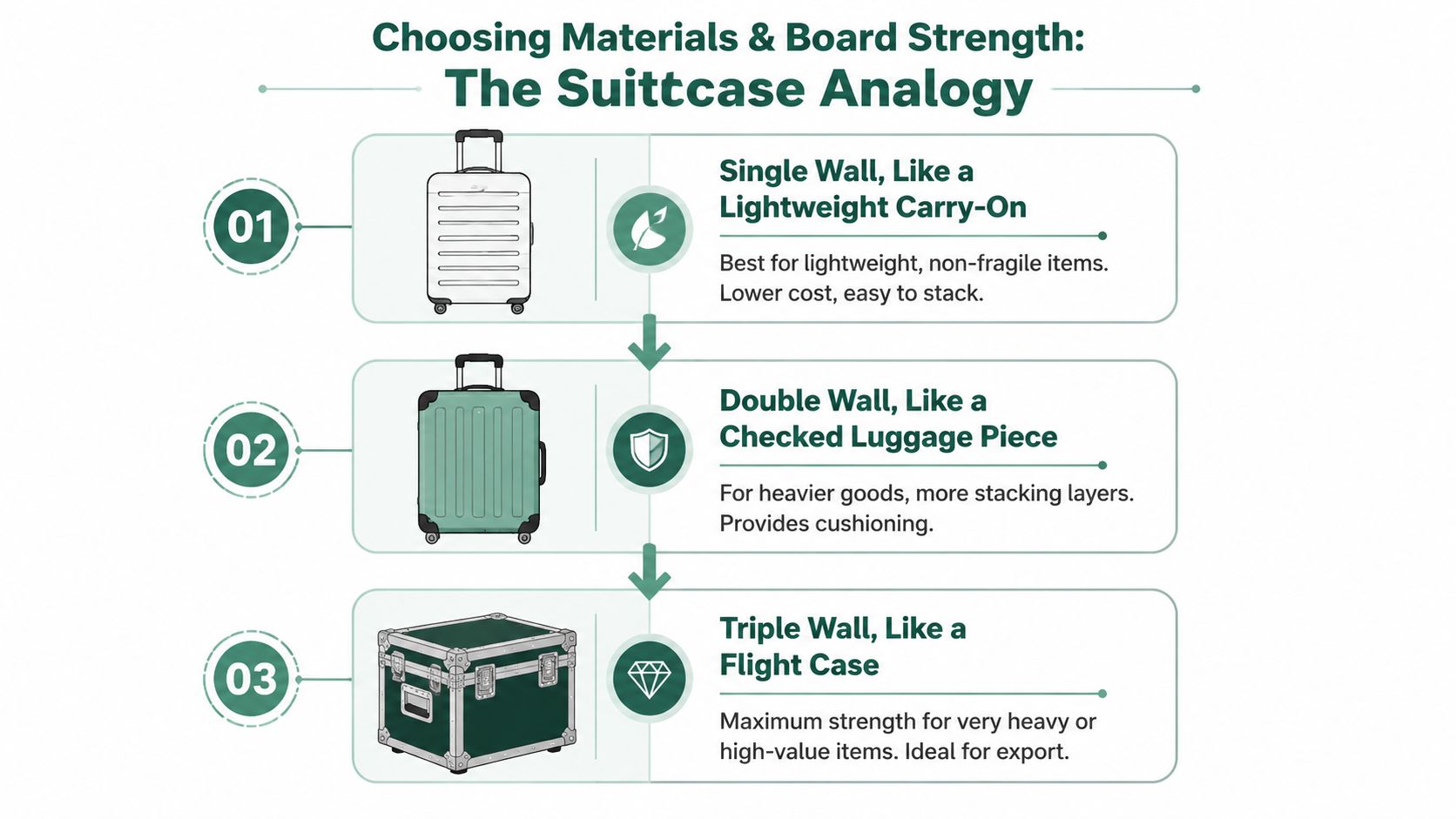 An infographic showing the three types of corrugated board strength using a suitcase analogy for shipping boxes.