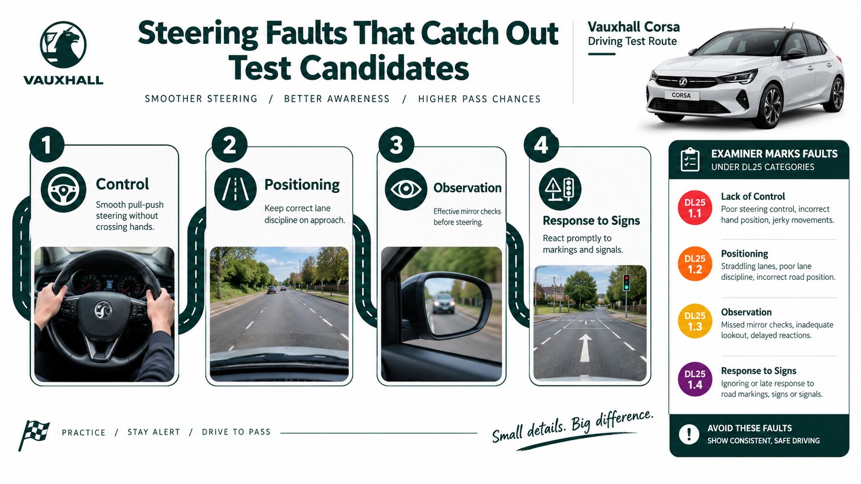 An infographic titled Steering Faults That Catch Out Test Candidates featuring tips for safer driving.