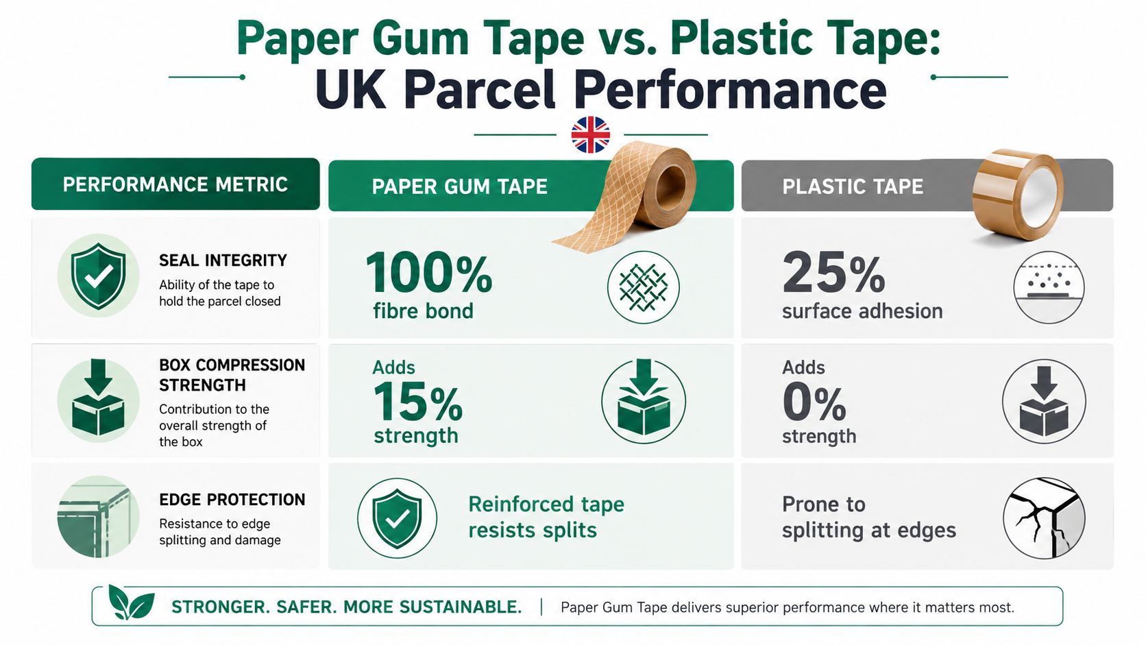 A comparison chart showing that paper gum tape provides superior parcel seal integrity and strength over plastic tape.