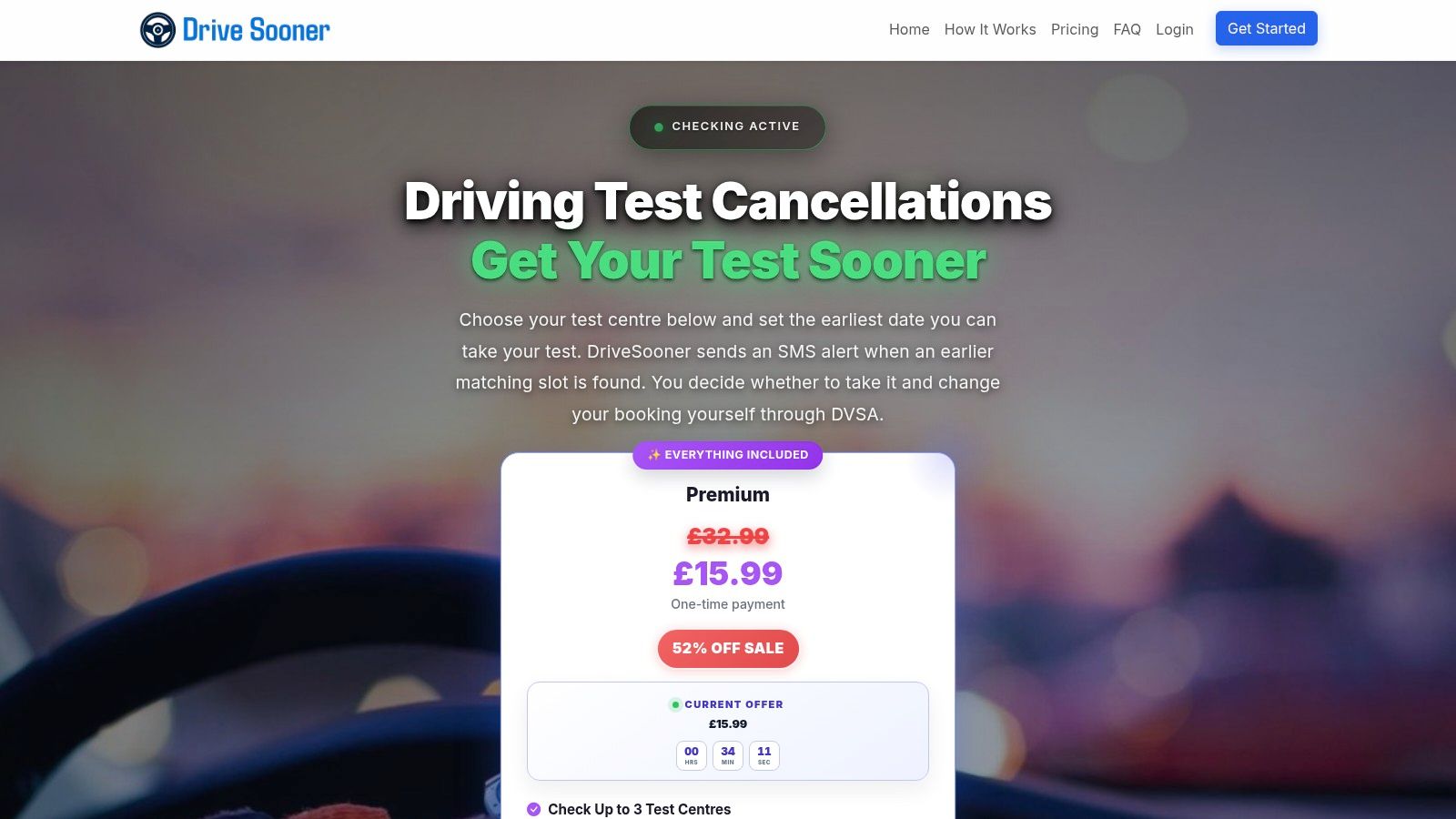 DriveSooner (notification‑only, DVSA‑rules aligned)