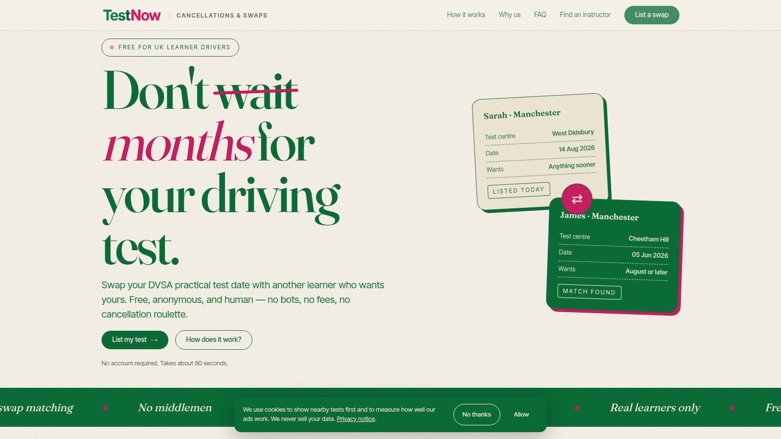 Test Now – Cancellations and Swaps board