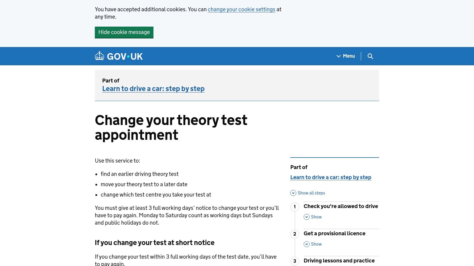 GOV.UK, Change, Cancel or Check Your Theory Test
