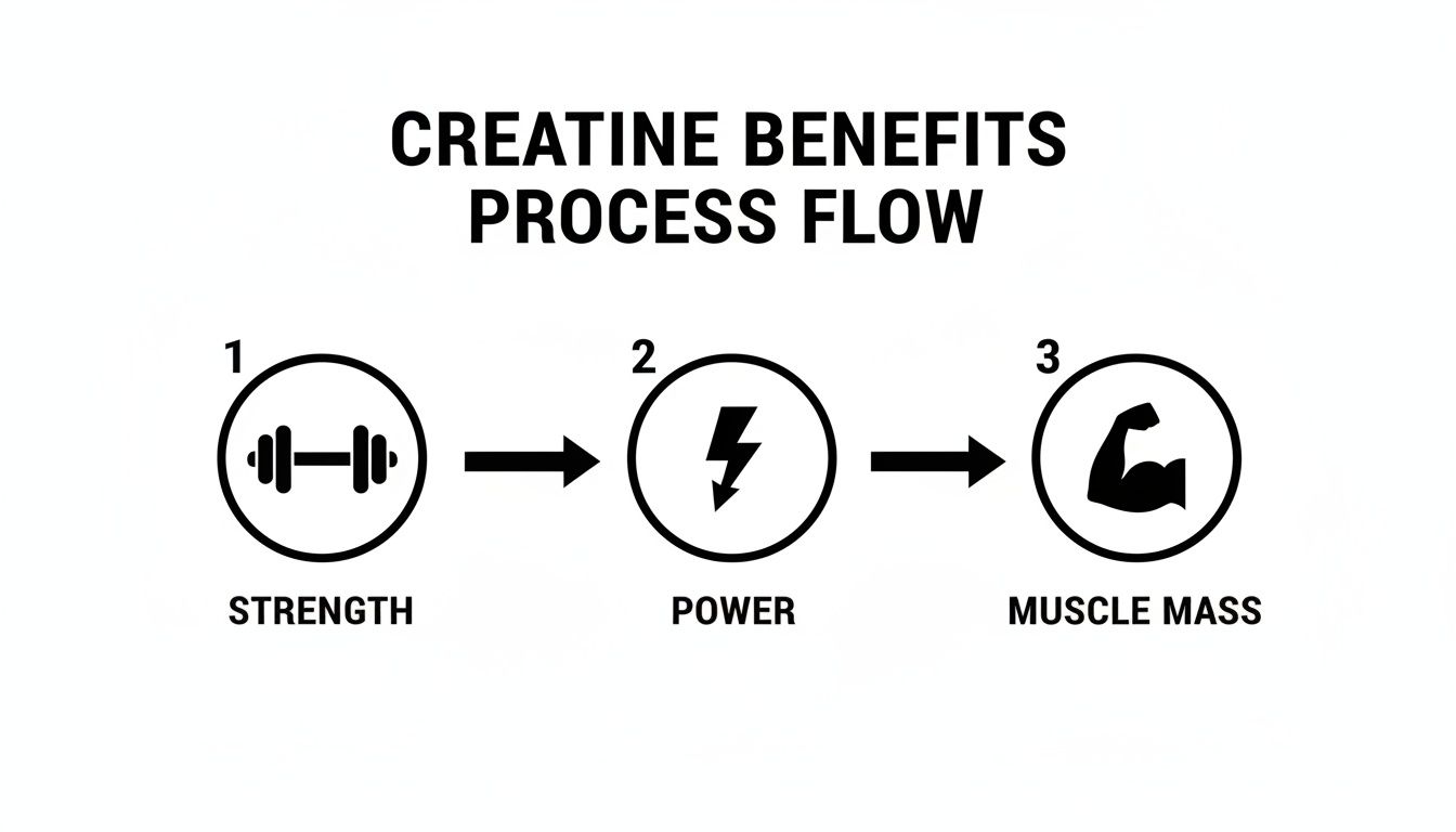 A black and white infographic showing creatine benefits: strength leading to power and then muscle mass.