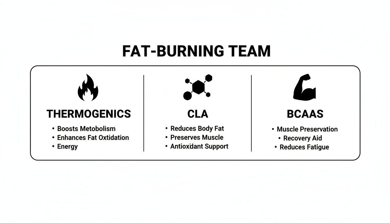 Infographic showing a fat-burning team of Thermogenics, CLA, and BCAAs, detailing their benefits for weight loss.