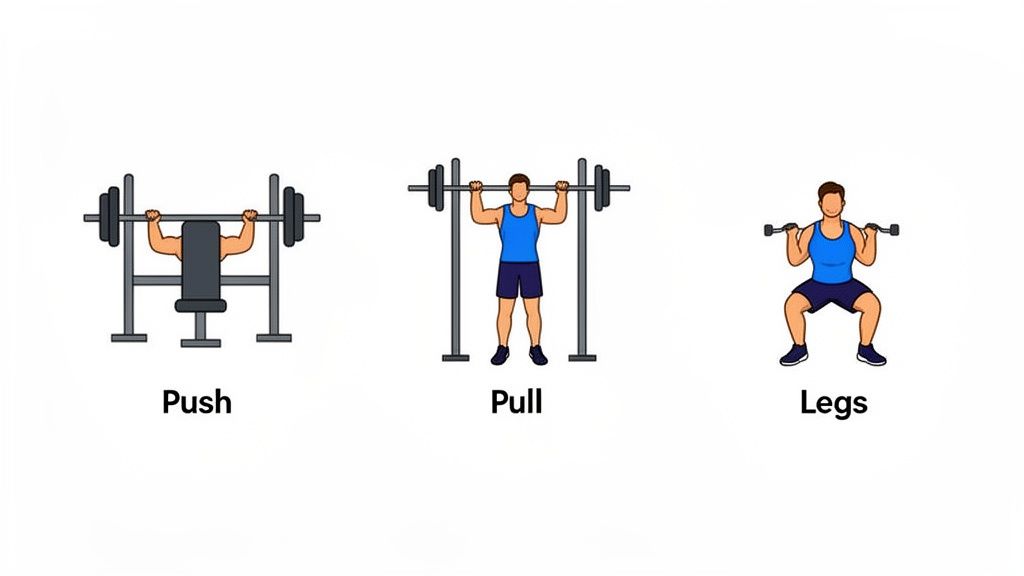 Illustrations of a 3-day split workout showing push (bench press), pull (overhead press), and leg (squat) exercises.