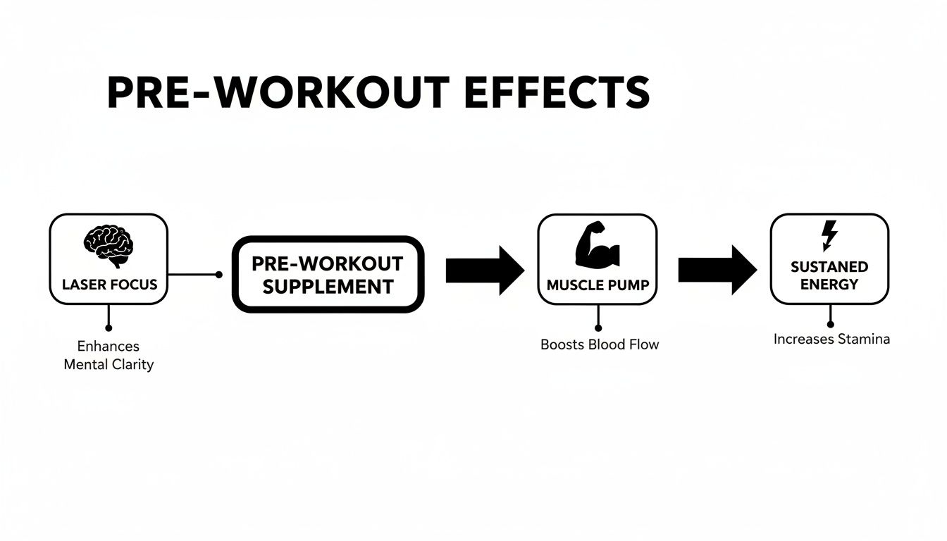 Flowchart detailing pre-workout supplement effects: enhancing focus, boosting muscle pump, and increasing sustained energy and stamina.