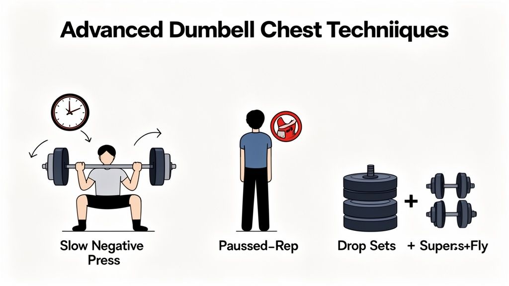 Visual guide to advanced dumbbell chest techniques including slow negative press, paused reps, and drop sets with supersets and flyes.