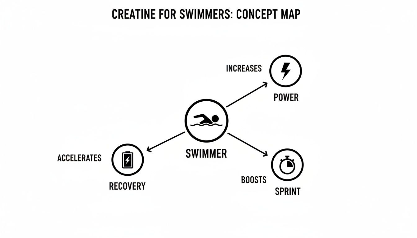 Concept map illustrating how creatine benefits swimmers by increasing power, accelerating recovery, and boosting sprint performance.